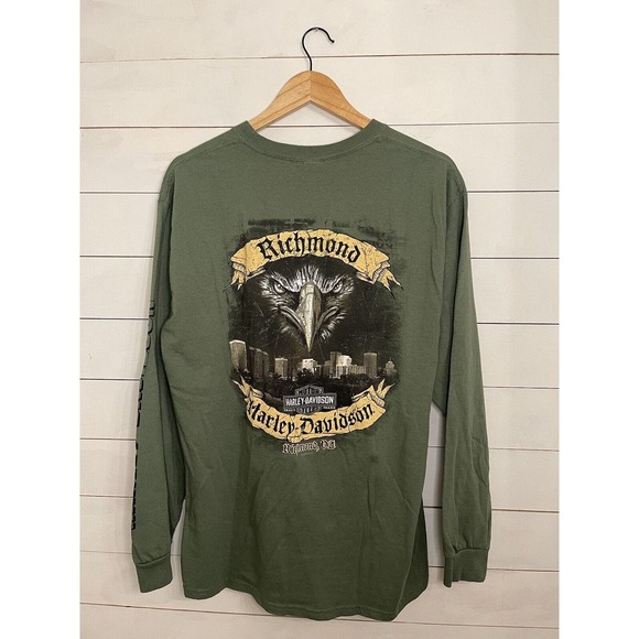 Harley Davidson Mens Long Sleeve Large Shirt‎ Army Green Richmond Virginia Logo - Picture 6 of 6